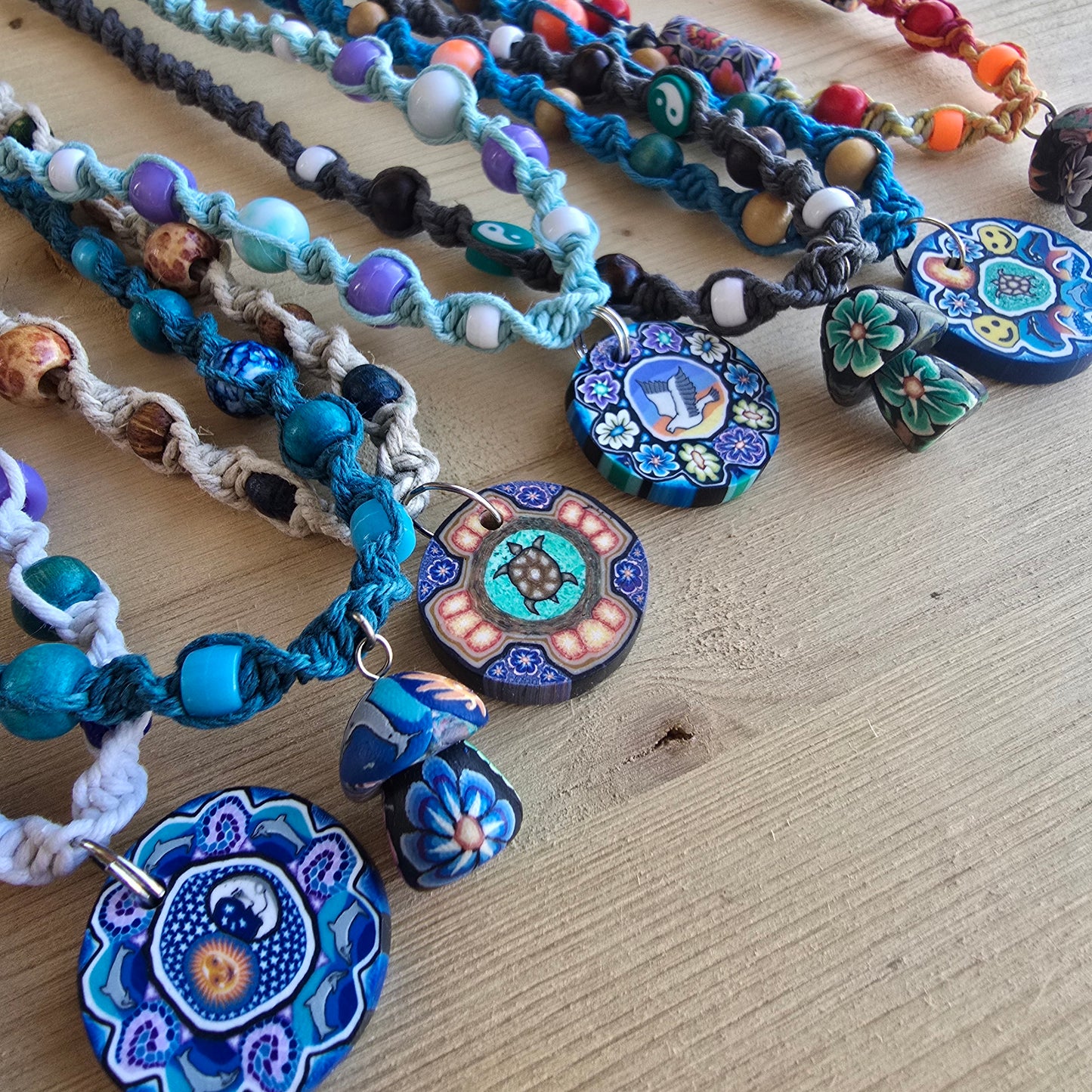 Fimo Mushroom & Disc Hemp Necklaces